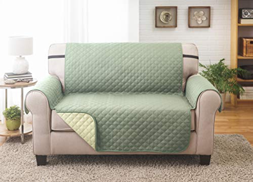 Couch Guard™ Reversible Furniture Protector, Loveseat Protector, Sofa Slipcover Protects your Loveseat/Couch from Dogs, Cats, Pets, Children, Spills and Stains - Quilted for Comfort With 1” Elastic Strap. Easily Washable/Dryable. Reversible Two Color Option for Two Great Looks! Check out all sizes: XL Sofa, Sofa, Loveseat, XL Recliner & Chair. Measurements: 75” x 88” Color: Olive/Sage