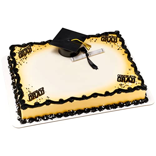 Plastic Graduation Cap Cake Topper with Large Paper Diploma Cake Topper (Black)