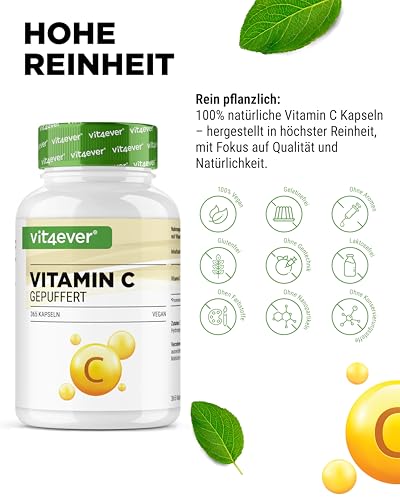 vit4ever Vitamin C gepuffert - 365 Kapseln - Hochdosiert mit 1000mg Vitamin C - Pflanzlich fermentiert (pH-neutral, säurefrei, magenschonend) - Vegan