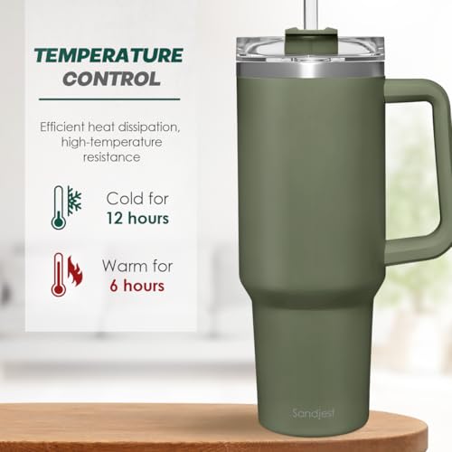 Image of SANDJEST Stainless Steel Insulated Tumbler with Handle 40oz With Lid and Straw, Coffee Travel Cup for Men Women Friends Family, Gifts for Christmas Birthday (Olive)