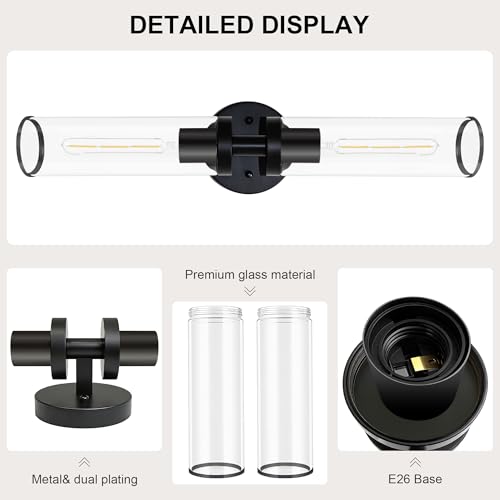 Image of Black Wall Sconces, Set of 2, 22'' Modern Vanity Lights Fixture for Bathroom with Clear Glass, Wall Sconces Lighting, for Living Room /Bathroom Hallway Mirror /Bedroom (Bulbs Not Included)