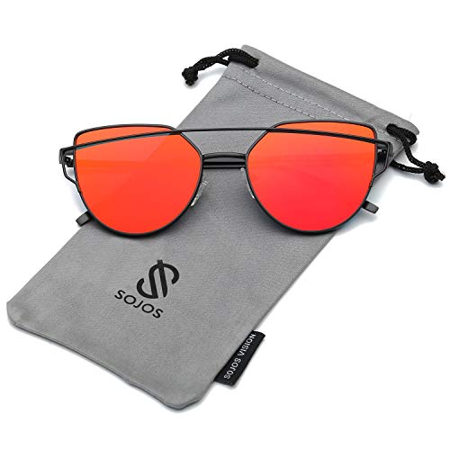 SOJOS Mode Twin-Beams Metallique Lunette de Soleil Femme il de Chat Miroité Verres Plats Lentille Street Fashion Cateye Women Sunglasses SJ1001 avec Cadre Noir/Rouge Lentille