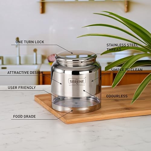 Image of Serene Stainless Steel Exotic See-Through Jar | Airtight Jars for Kitchen Storage | Premium Steel Jars with One Turn Lock Lid | Transparent Stainless Steel Containers | 2000ML | 1 PC
