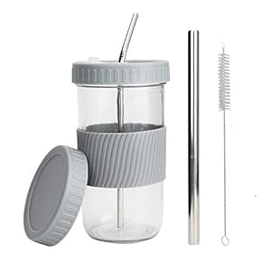 Brynnl Drinkglazen Herbruikbare Mason Jar Cups met 2 Deksels en Rietjes Reinigingsborstel Brede Mond Bubble Theekop Reismok Glazen Tumbler Mason Jar Sippy Cup voor Boba Tea Smoothie Juices Jam (Grijs)