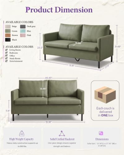 Image of TYBOATLE Green Faux Leather Small Couch Loveseat, 2-Seater for Living Room | Small Sofa, Mini Couch with Comfy Upholstered Design, Love Seat for Bedroom Dorm Apartment Office, Green