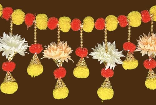 Image of iHandikart Handmade (40 Inch) Decorative Bandanwar with Marigold, Artificial Flowers, Golden Bells & Beads Traditional Door Bandanwar for Makar Sankranti, Lohri, Home Decor & Housewarming (B0066)