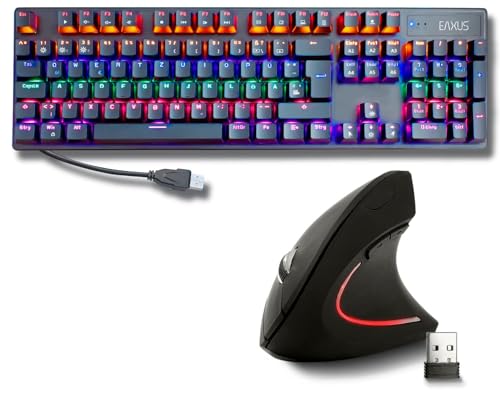 Eaxus® USB Tastatur und Maus Set - Mechanische Gaming Tastatur LED Gaming Keyboard mit Blue Switches + Ergonon Vertikale Maus kabellos Eaxus® USB Tastatur und Maus Set - Mechanische Gaming Tastatur LED Gaming Keyboard mit Blue Switches + Ergonon Vertikale Maus kabellos