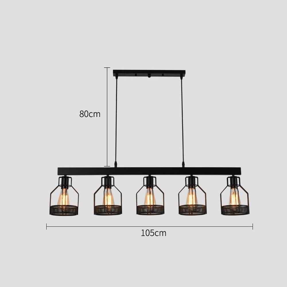Farmhouse Industrial Linear Chaner, 5-Light Black Metal Cage Kitchen Island Light, Rustic Bar Hanging Fixture for Dining Room, Billiard Table, Adjustable Height, E26 Base