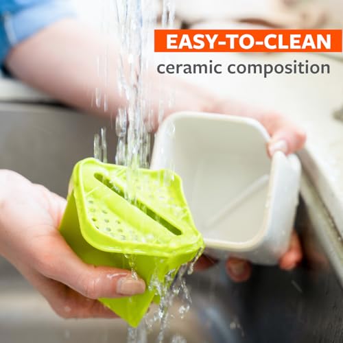 Image of Full Circle Stash, Ceramic Kitchen Sink Caddy, Stylish Sponge Holder & Dish Brush Organizer, Easy to Clean, Dishwasher Safe, Rustproof, White and Gray