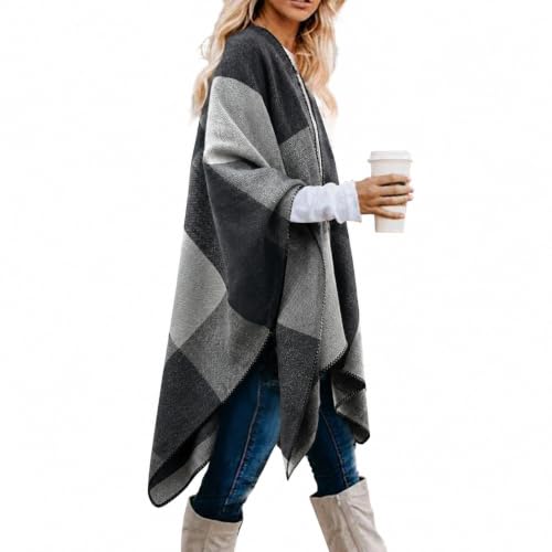 Image of Plaid Shawl Wrap for Women Boho Open Front Poncho Wrap Fall Winter