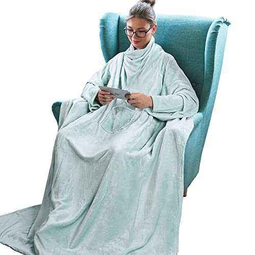 Tirrinia Wearable Blanket Adult, Sunggle Blankets With Sleeves, Reading Full Throw, Cozy TV Wraps, Gift Idea for Women Men Mom, Aqua