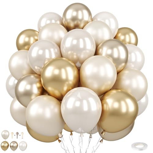 Image of Champagne Gold White Balloons, 50Pcs 12 Inch Double Stuffed Latex | Beige Cream Sand Pearl Balloons for Boho Bridal Wedding Anniversary Birthday Bachelorette Engagement Baby Shower Decor