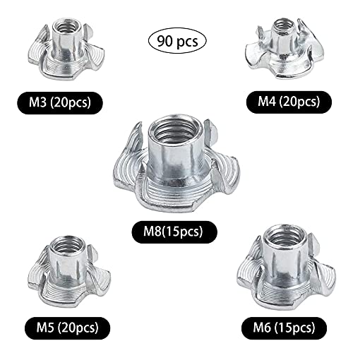 Tunejoy Einschlagmuttern Vierzackige Einpressmuttern Verzinkt Vier-prong Nüsse für Holzbearbeitung Möbel Handwerker M8 M6 M5 M3 M4 90 PCS