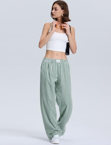 LOMON Women's Gingham Plaid Wide Leg Pants Cotton Boxers Pajama Lounge Pj Casual Trousers Y2K Flowy Bottoms with Pockets (Green White Plaid, XXL)4