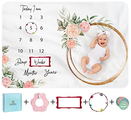 Image of Monthly Baby Milestone Blanket for Baby Girl | Baby Monthly Milestone Blanket Large with Milestone Cards | Perfect Baby Age Blanket to Record Baby Milestones | Neutral Baby Blanket (60" x 40")
