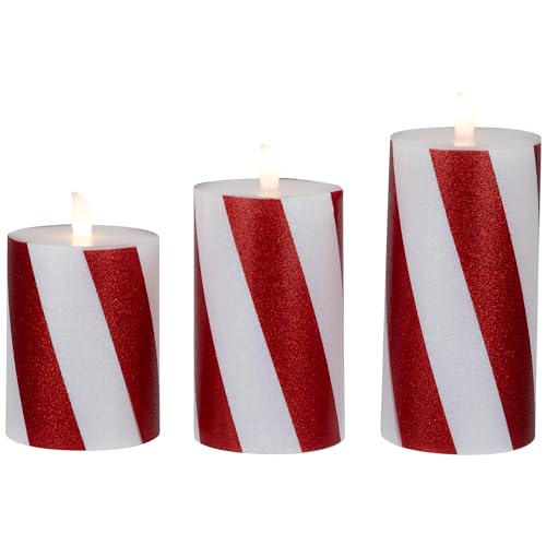 Image of LED Flameless Flickering Candy Cane Wax Pillar Christmas Candles - 6 inch - Set of 3
