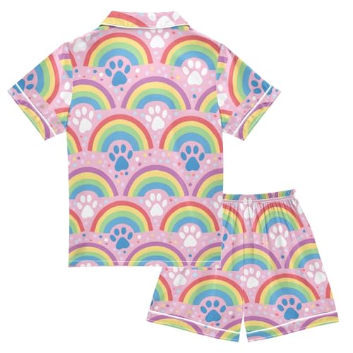 ALAZA Rainbow Cat Paw Print Stylish Satin Pajamas Set Short Sleeve Button Down Sleepwear Summer Pjs 2 Piece2