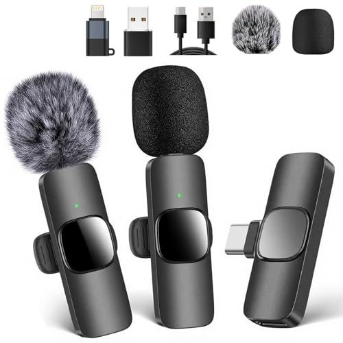 LauCentral Micrófono Lavalier Inalámbrico Plug & Play, Compatible con iOS/Android, 2 Mics para Grabación de Vídeo/Vlog/Podcast, Función de Reducción de Ruido, Conexiones USB/iOS, Uso Sin Aplicaciones
