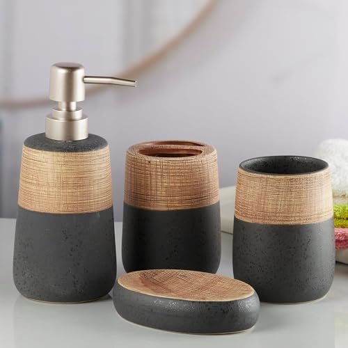 Image of SaSaSa Ceramic Bathroom Accessories Set of 4 Modern Bath Set with Soap Dispenser & Toothbrush Holder, Luxury Home & Gift Idea, Brown /Black (10262)