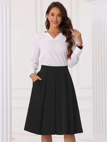 Allegra K High Waist A-Line Midi Skirt for Women's Flare Pleated Knee Length Skirt with Pocket4