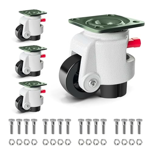 FIZAR Industrial Grade Retractable Leveling Casters Set of 4, Heavy Duty Workbench Castors Wheels with Upgraded Ratchet Arm Design, 6600 LBS Load Capacity, Nylon Wheels and Leveling Feet for Machine