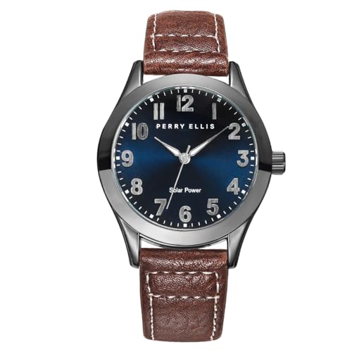 Perry Ellis Solar Men’s Watch – Round Blue Sunray Dial, Brown Leather Strap, Water-Resistant Analog