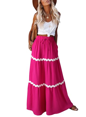 Happy Sailed Women's Skirts Fashion Wave Trim High Waist Elastic Waist A Line Flowy Long Maxi Beach Skirt with Pockets Rose Medium