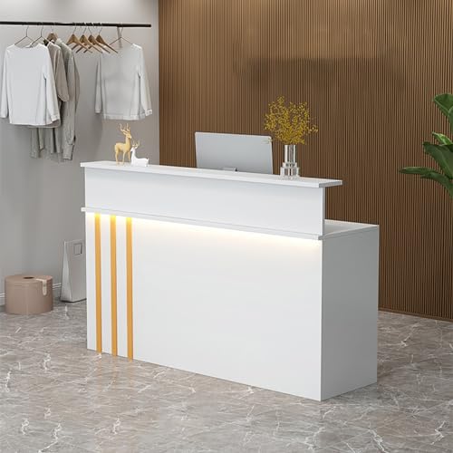Moderno banco da ricevimento in legno con luci a LED, elegante tavolo da ricevimento frontale, bancone per vendita al dettaglio a doppio strato con spazio di archiviazione per uffici e aziende