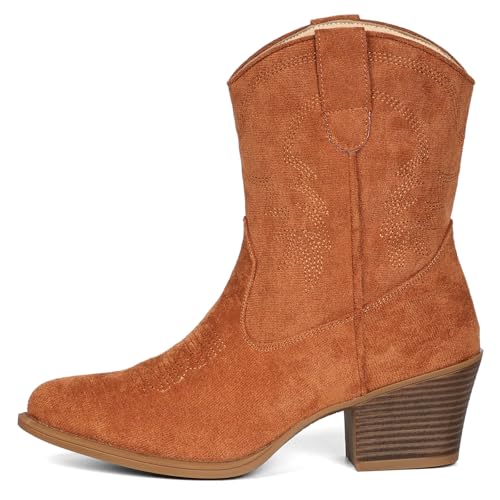 Image of IXU Cowboy Boots for Women Ankle Cowgirl Booties Wide Mid Calf Pointed Toe Western Boots Short Chunky Classic Booties