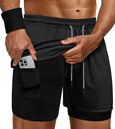 Fasker Mens Workout Shorts, 2 In 1 Mesh Quick Dry Athletic Shorts 7" Gym Yoga Running Shorts With Pockets,Black,S #TOP12