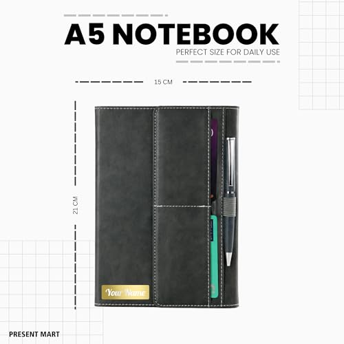 Image of FoldBook Stash Personalized Name Print A5 Notebook with Magnetic Flap Closure, 3-Fold Organizer Cover with Pockets & Pen Slot, 192 Pages 80 GSM Paper, Bookmark Ribbon, Custom Journal for Office School Gifts (OLIVE)