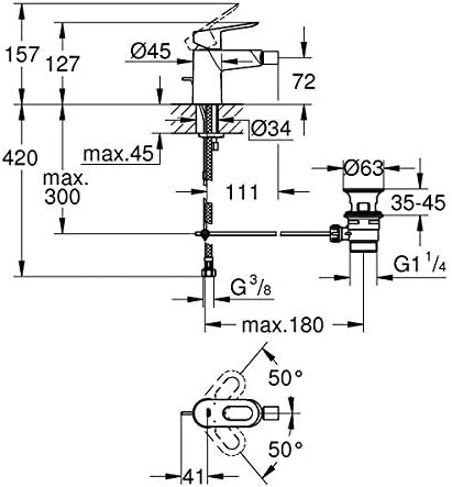 Technical diagram of GROHE 23352000 bidet mixer dimensions