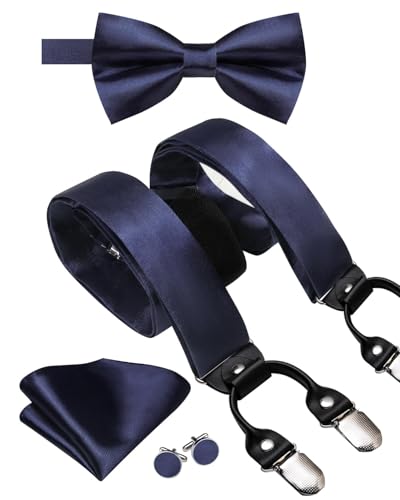 Image of Hi-Tie Men Suspender Bowtie Set Suspenders Pre-tied Bow Tie Pocket Square Cufflinks Adjustable Y Shape 6 Clips Braces Tuxedo