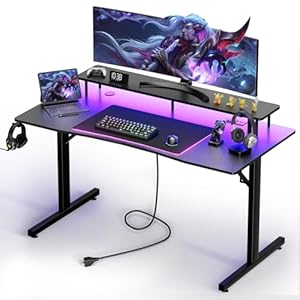 GTRACING Gaming Desk with LED Lights, 55 Inch Large Computer Gamer Desk with Monitor Stand & Power Outlet, Ergonomic Carbon Fiber Surface Gaming Table with Mouse Pad for Home Office, Carbon Black