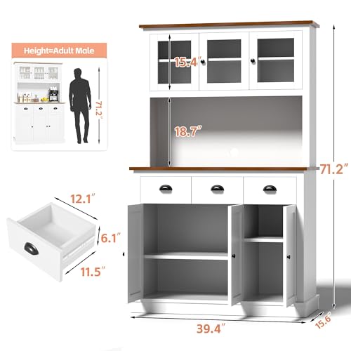 Image of MU 71 inch Kitchen Pantry Cabinet with Charging Station, Tall Kitchen Hutch with Countertop, Drawers & Microwave Shelf, Food Storage Cabinet, White