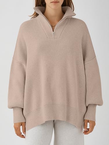 Image of ANRABESS Womens Oversized Quarter Zip Pullover Sweaters | Fall Fashion Outfits, Long Sleeve Slit Side, Baggy Loose Fit, 1 /4 Zip Lapel Collared, Ribbed Knit Soft Warm Winter Clothing