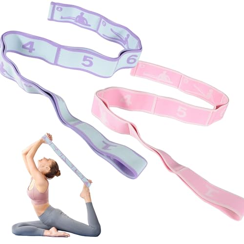 2 Stück Yoga Stretch Gurt mit 8 Schleifen, Yoga Stretching Band, Dehnungsband, Verstellbares Übungsband, Hochelastischer Widerstandsbänder für Effektives Dehnübungen und Yoga-Training