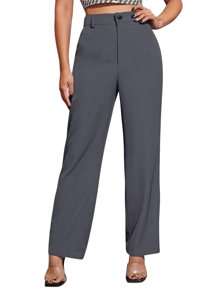 Women's High Waist Wide Leg Trouser, Solid Colour, Casual Smart Formal, Full Length, Button Closure-picture-12