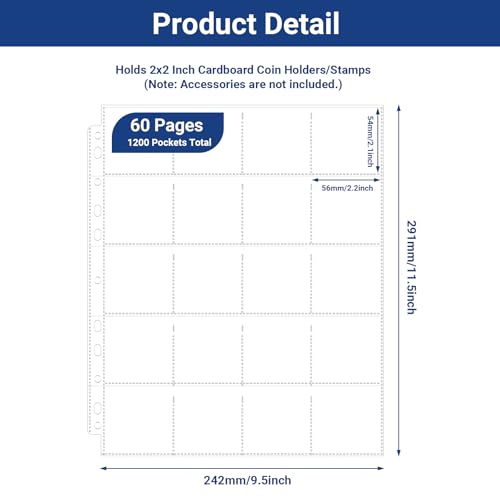 Image of 1200 Pockets Acid Free Coin Sleeves, Fit for Coin Flips 2x2 inch, 60 Pack 3 Ring Binder Sleeves Clear Plastic Stamp Collecting Supplies, Non Stick and Non Glare