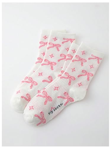 WDIRARA Women's 2 Pairs Cute Bow Print Crew Socks Above Ankle Breathable Socks3
