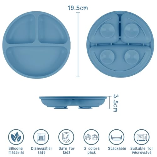 Miniatura 2 de Vicloon Pack De 3 Platos De Silicona Con Ventosa Para Bebé, Platos De Bebé Divididos Antideslizantes, Cubiertos Para Alimentación Infantil Sin Bpa, Para Lavavajillas Y Microondas Azul Rosa Beige