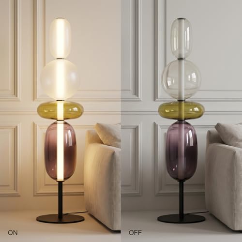Image of Modern Glass Floor Lamp with 4 Shaped Shades, Minimalist Standing Lamp with 3 Color LED, Floor Lamp for Living Room, Bedroom, Corner, Home Decor