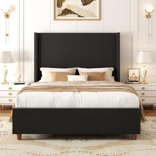 58’’ Tall Queen Size Bed Frame with Corduroy Upholstered Platform Bed, Extra Wingback Headboard and Vertical Stripe, Box Spring Option, Solid Wood Slats, Noise Free, Black