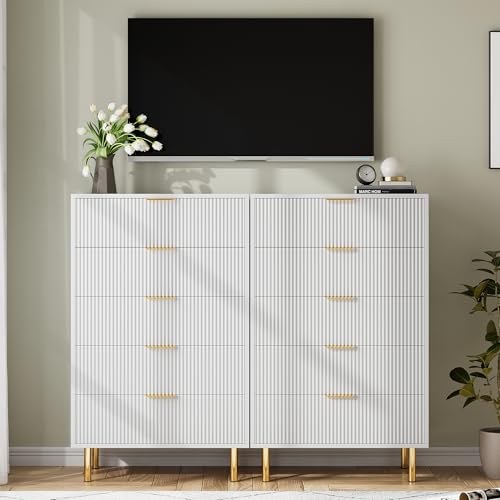 GarveeHome White Dresser, Modern 5 Drawer Dresser for Bedroom with Gold Handle and Large Drawer, Wood Double Chest of Drawers and Storage Organizer for Living Room, Hallway, Entryway