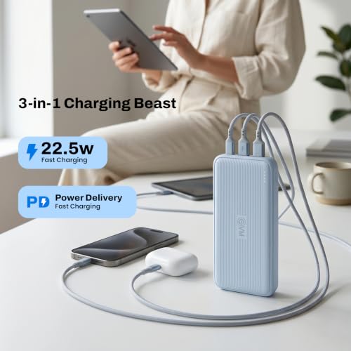 Image of EVM EnConnect 10000mAh Power Bank| 22.5W Fast Charging | Built-in Type-C & Compact Portable Charger with USB & Type-C Output | for iPhone Android, Pocket Size | 2 Year Warranty (EVM-P0501-Misty Blue)