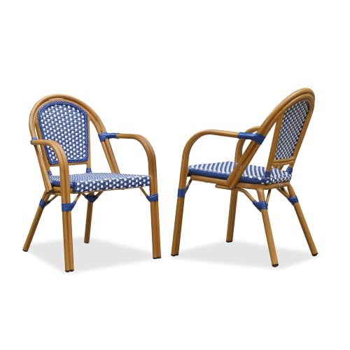 Image of PURPLE LEAF Outdoor French Bistro Armchairs Set of 2, Bamboo Finish, Blue