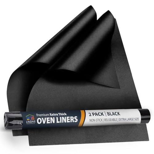 Linda's Essentials Oven Liners for Bottom of Oven (2 Pack) - Universal Non-Stick Liner for Fan Assisted Cooking, 32 x 50 cm Kitchen Essentials, Protector Sheets, Save Time & Clean Easily (Black)