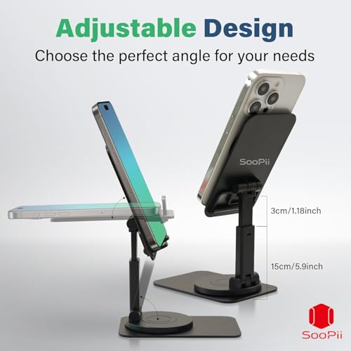 Image of SOOPII Rotatable Cell Phone Stand, Fully Adjustable Foldable Desktop Phone Holder, Height Adjustable Phone Stand with Charging Hole, Portable, Compatible with All Smart Phones, e-Reader, Black