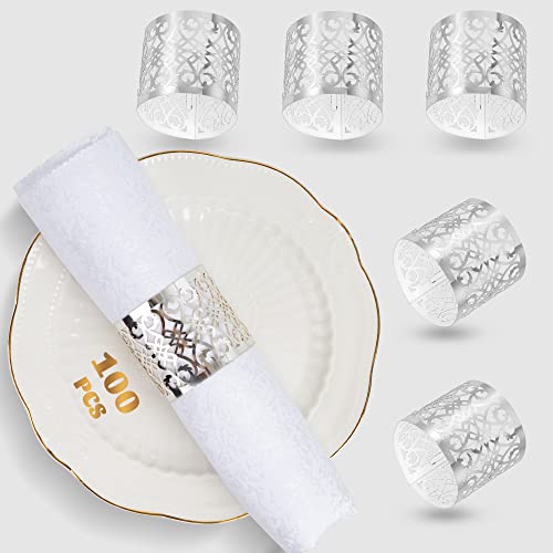 Lot de 100 ronds de serviette en aluminium de qualité supérieure découpés au laser pour fêtes de mariage, dîners, événements spéciaux et services de restauration (argent)