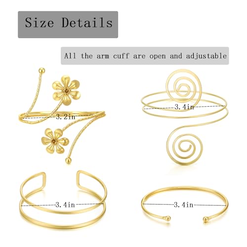 YVVLEE 4PCS Gold Silver Arm Cuff Jewelry for Women Upper Arm Cuff Bangle Band Armlet Adjustable Minimalist Coil Arm Armband Set2